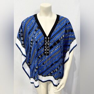 Michael Kors Chain Print Lace Up Poncho Top Blue Black White L/XL